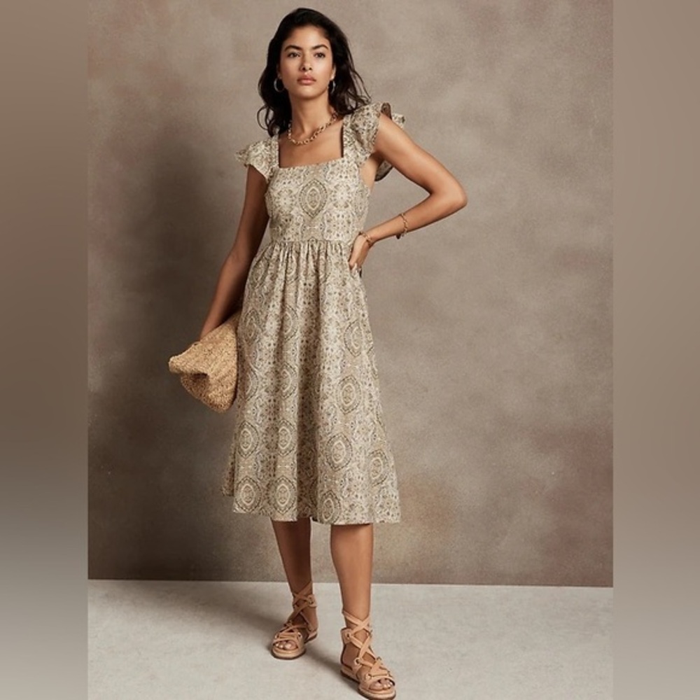 Banana Republic Womens Paisley Print Tie Back MIDI dress size small in oat milk